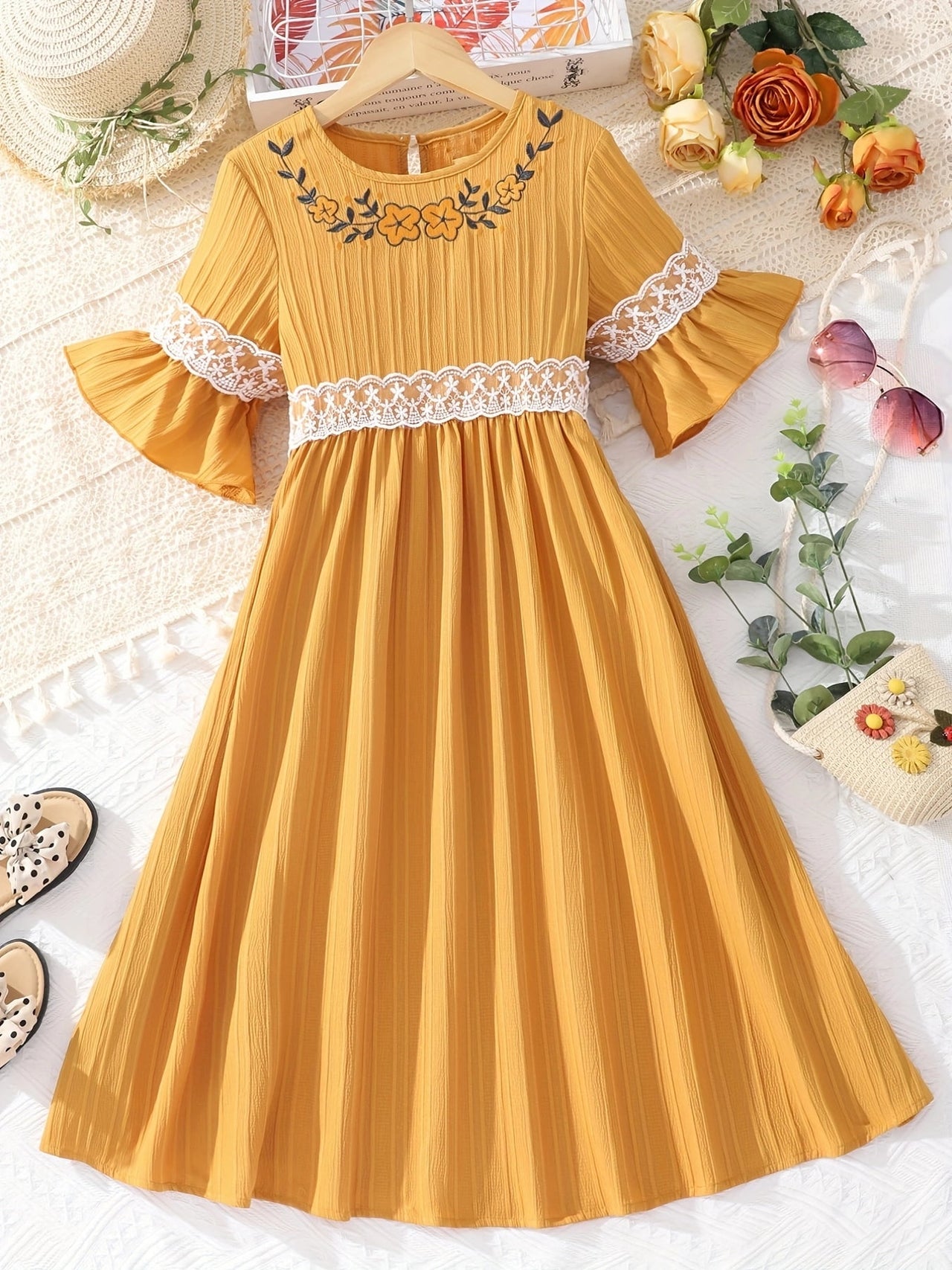 Lace Waistband Embroidery Round Neck Flounce Sleeve Dress - T - 1 COLOR -