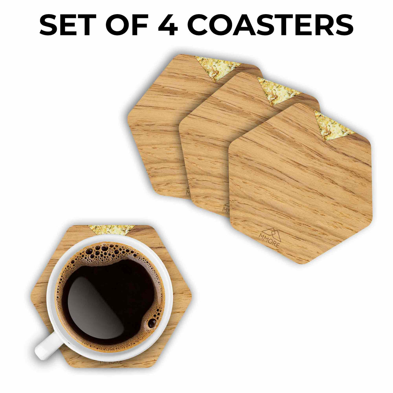 MMORE - Wooden Coasters - Oak / Set of 4 Coasters - 10 THUMB HANDLE COLORS -