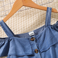 Thumbnail for Girls Cold-Shoulder Buttoned Denim Dress - T - 5 SIZES - 1 COLOR -