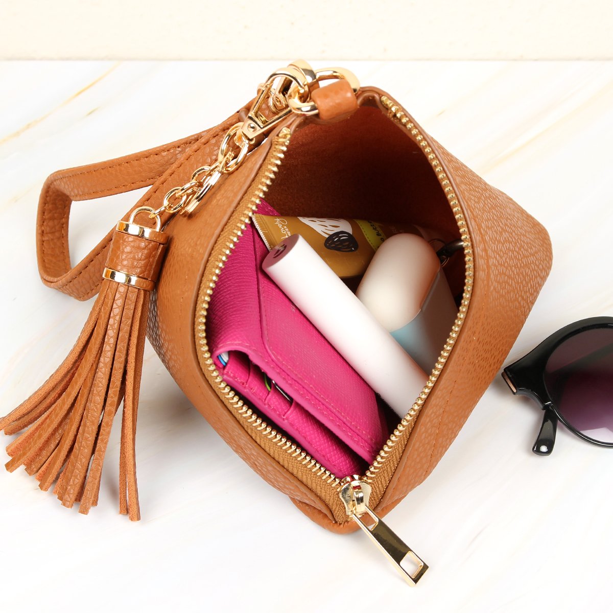 Riah Fashion - Pyramid Shape Tassel Wristlet Leather Bag - 15 COLORS -