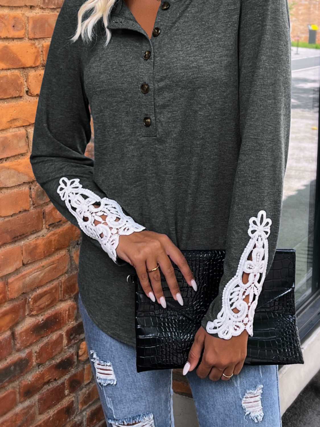 Spliced Lace Half Button Long Sleeve T-Shirt - T - 1 COLOR -