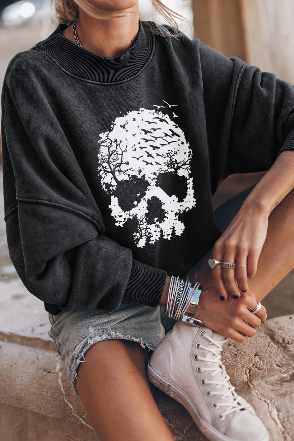 Round Neck Dropped Skull Graphic Sweatshirt - T - 1 COLOR -