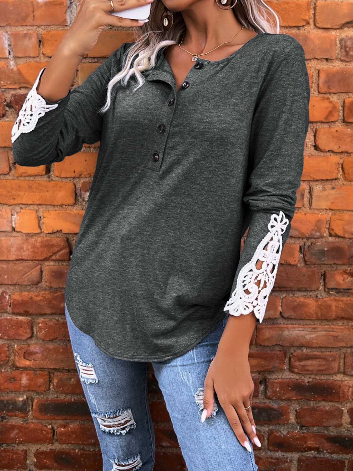 Spliced Lace Half Button Long Sleeve T-Shirt - T - 1 COLOR -