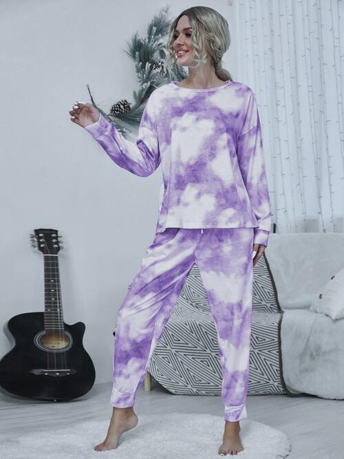 Tie-dye Round Neck Top and Drawstring Pants Lounge Set - 2 PCS. - T - 4 COLORS -