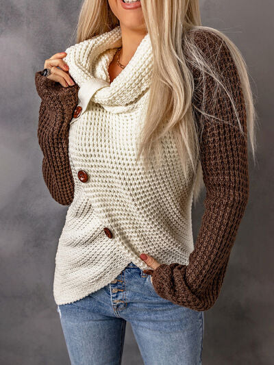 Contrast Decorative Button Turtleneck Sweater - T - 4 COLORS -