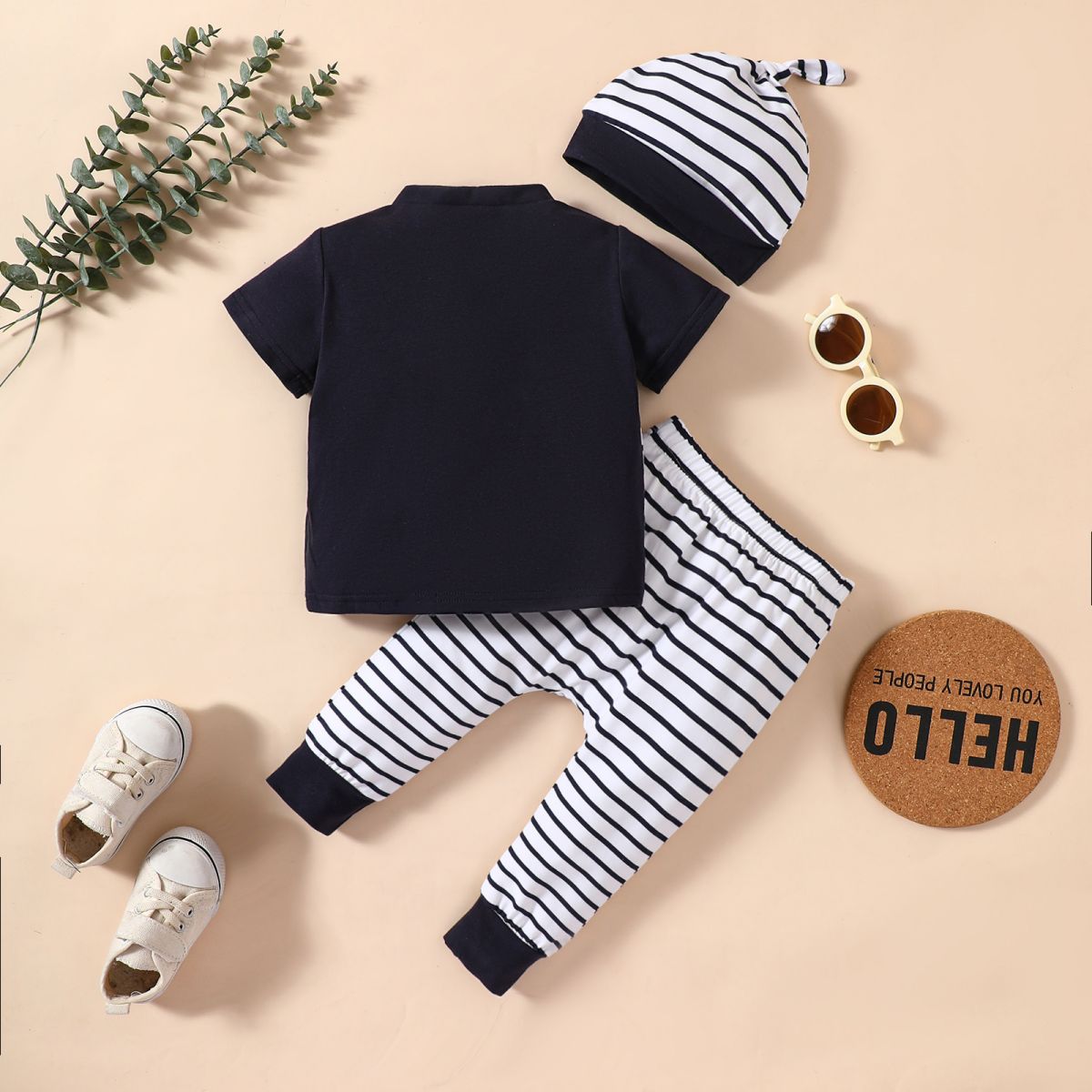 Baby Elephant Graphic Top and Striped Pants Set with Beanie - 3 PCS - T - 1 COLOR -