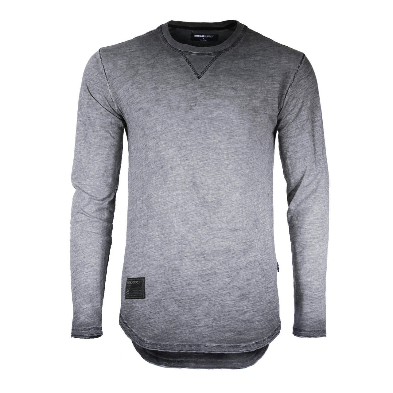 Mens Long Sleeve Crewneck Oil Wash Vintage Raw Edge Hem T Shirt - 1 COLOR