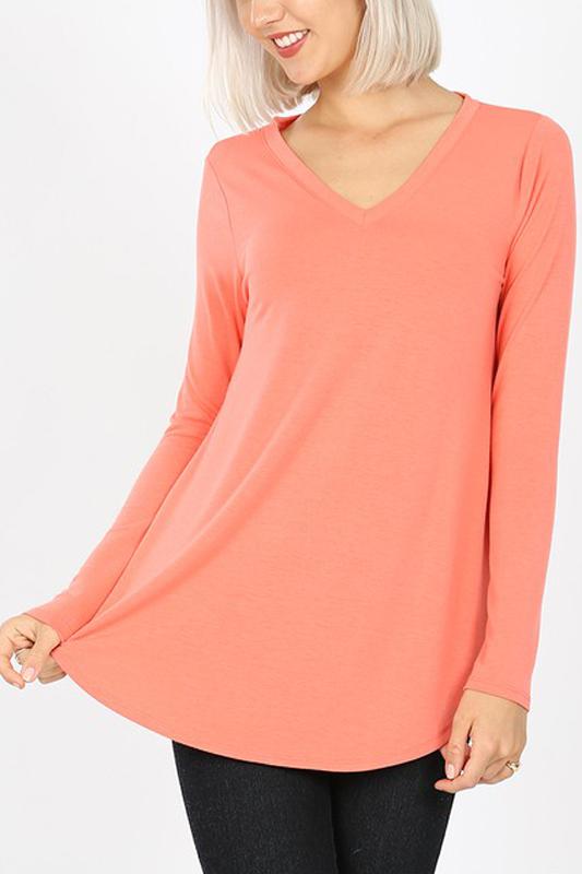 Riah Fashion - Premium Long Sleeve V-Neck Round Hem Top - 11 COLORS -