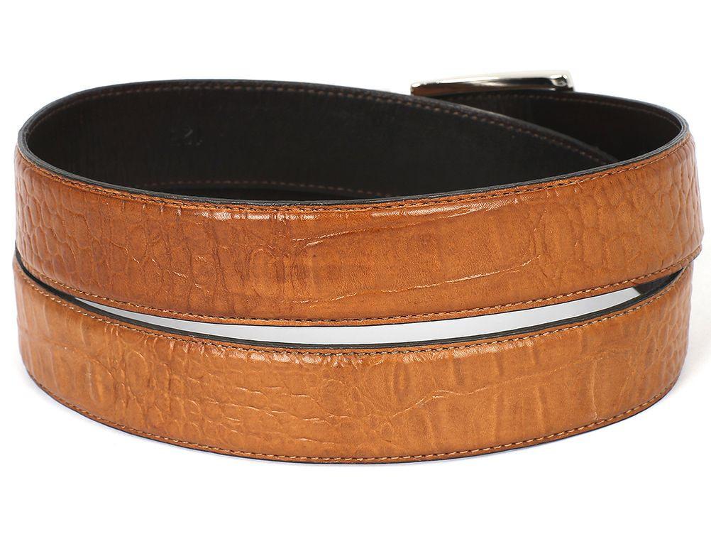 PAUL PARKMAN - Men's Croc Embossed Calfskin Belt Camel -