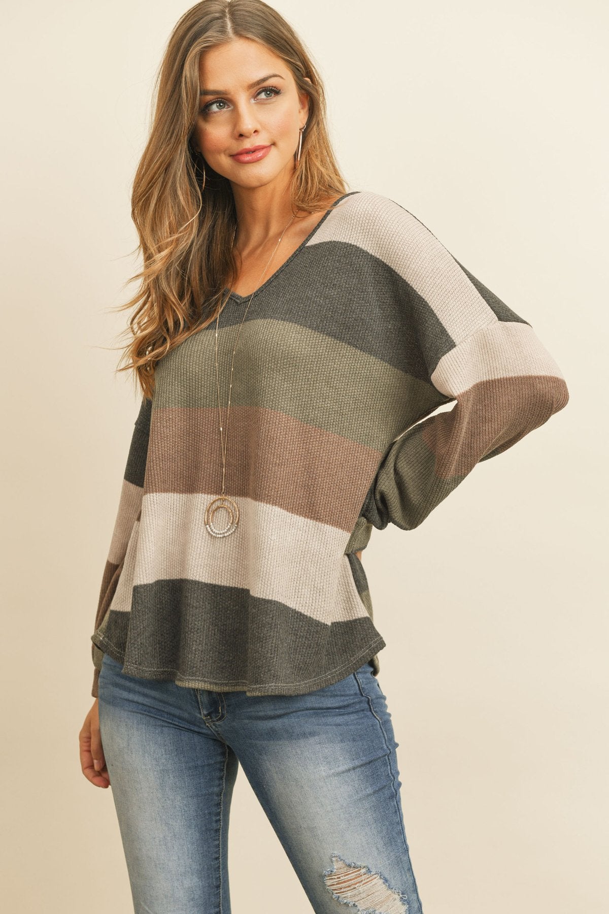 Riah Fashion - Rib Multicolor Stripes V-Neck Puff Sleeves Top - 3 COLORS -