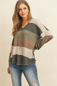 Thumbnail for Riah Fashion - Rib Multicolor Stripes V-Neck Puff Sleeves Top - 3 COLORS -