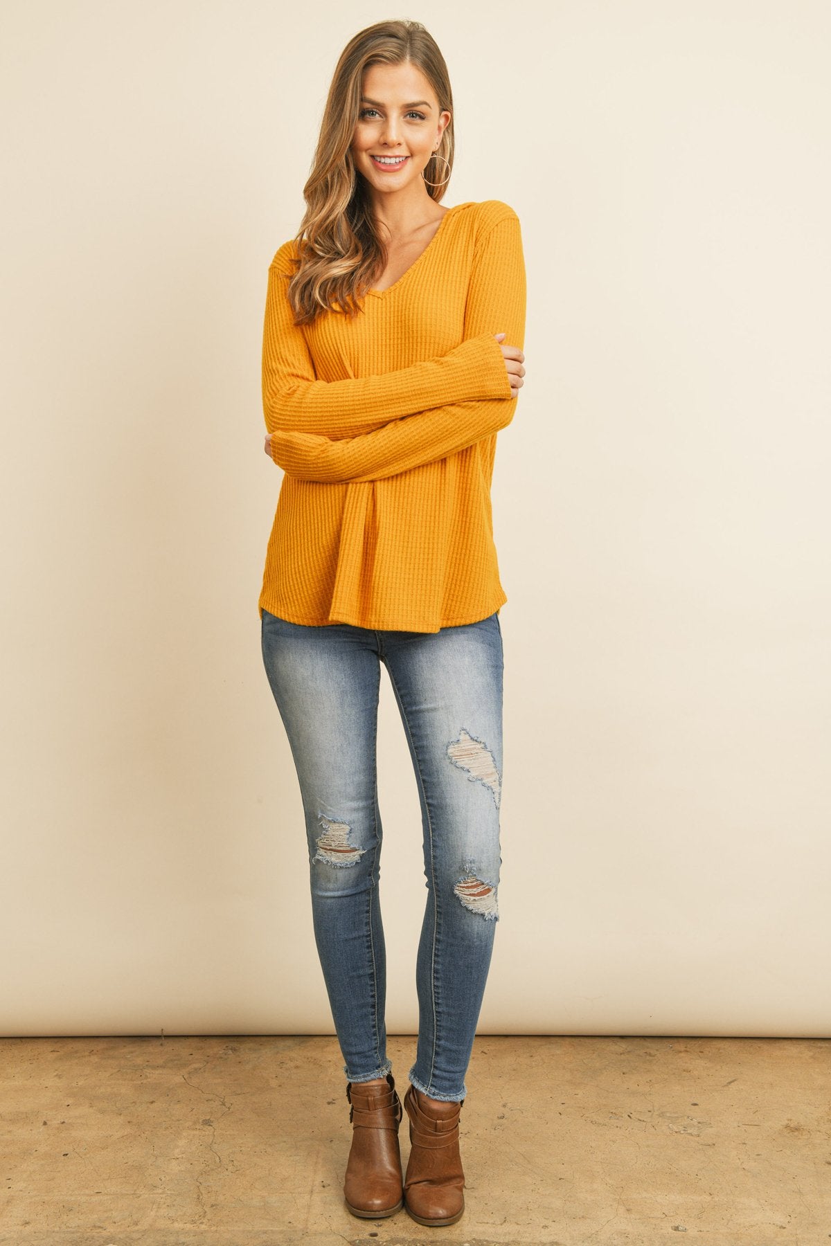 Riah Fashion - V-Neck Long Sleeved Waffle Top - 7 COLORS -