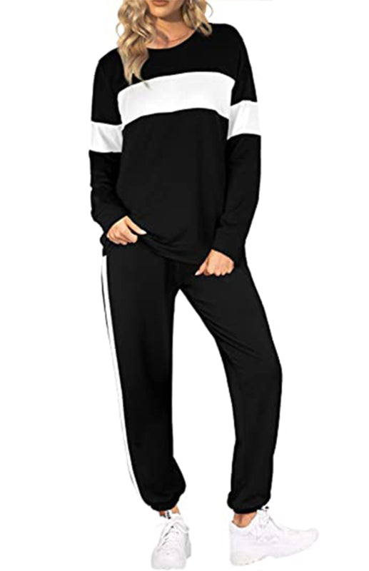 Women's Fashion Loose Casual Round Neck Striped Colorblock Sweater Suit - K - 2 PC. SET - 5 COLORS -