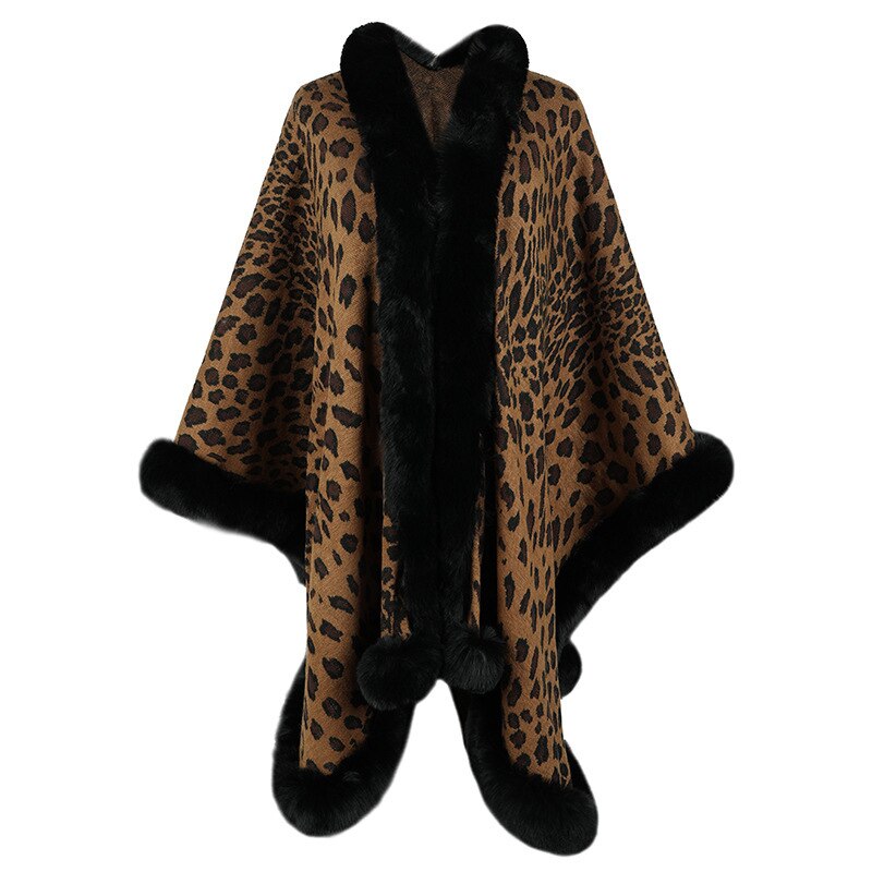 Sharon Tatem - Thick Warm Poncho Faux Fur Collar Cape Coat - Vintage Faux Leopard Sweater Cardigan - Batwing Sleeve Shawl -