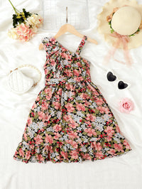 Thumbnail for Floral Asymmetrical Neck Ruffled Dress - T - 4 SIZES - 1 COLOR -