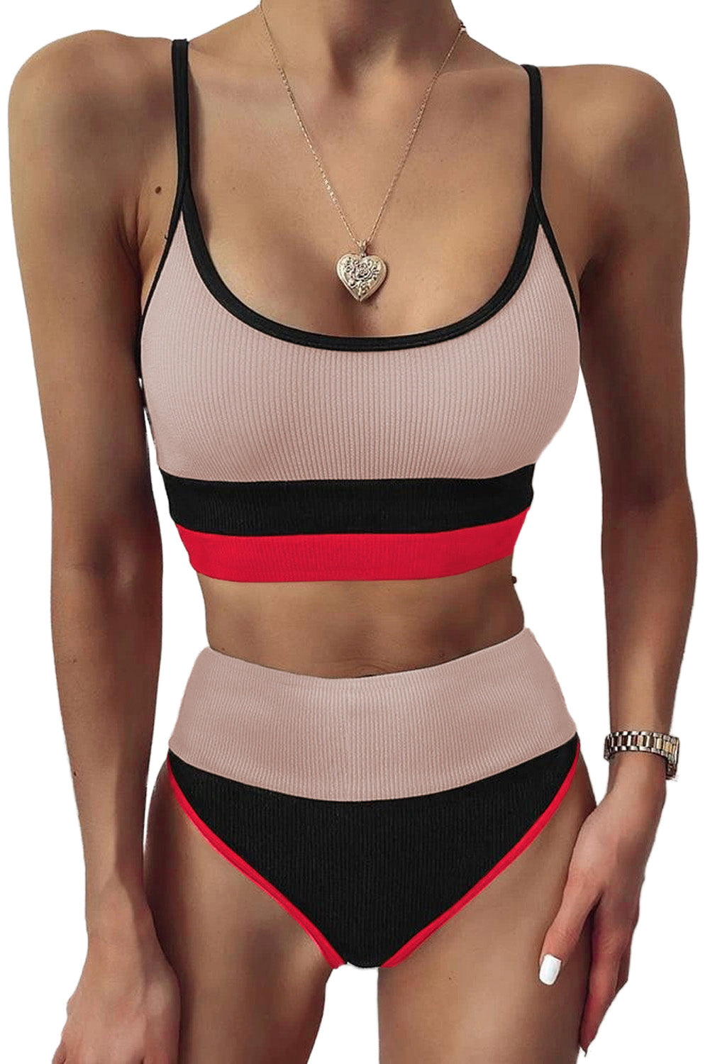 Color Block Spaghetti Strap Two-Piece Swim Set - T - 6 STRIPES / COLORS -