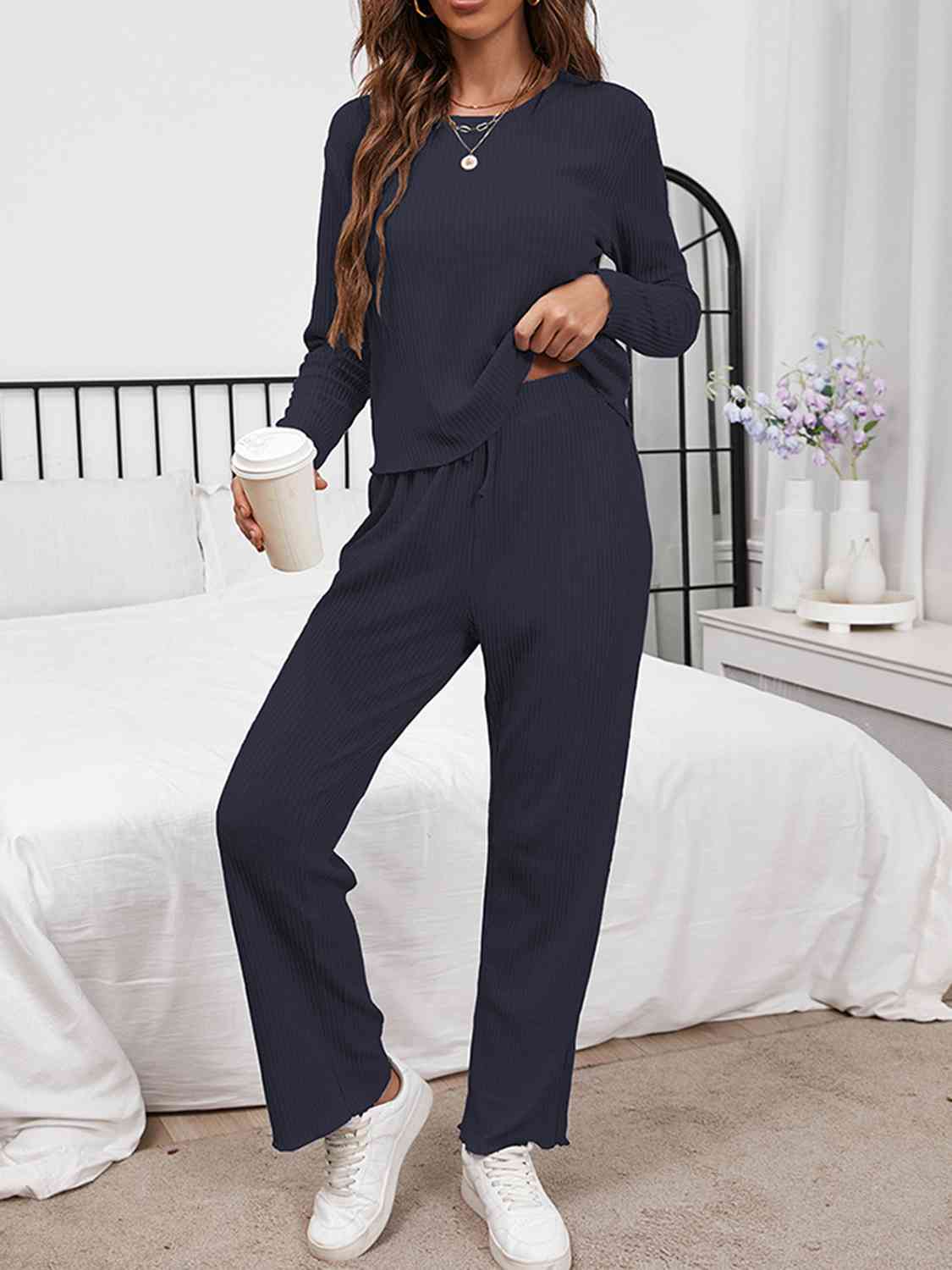 Round Neck Long Sleeve Top and Drawstring Pants Lounge Set - 2 PCS. - T - 3 COLORS -