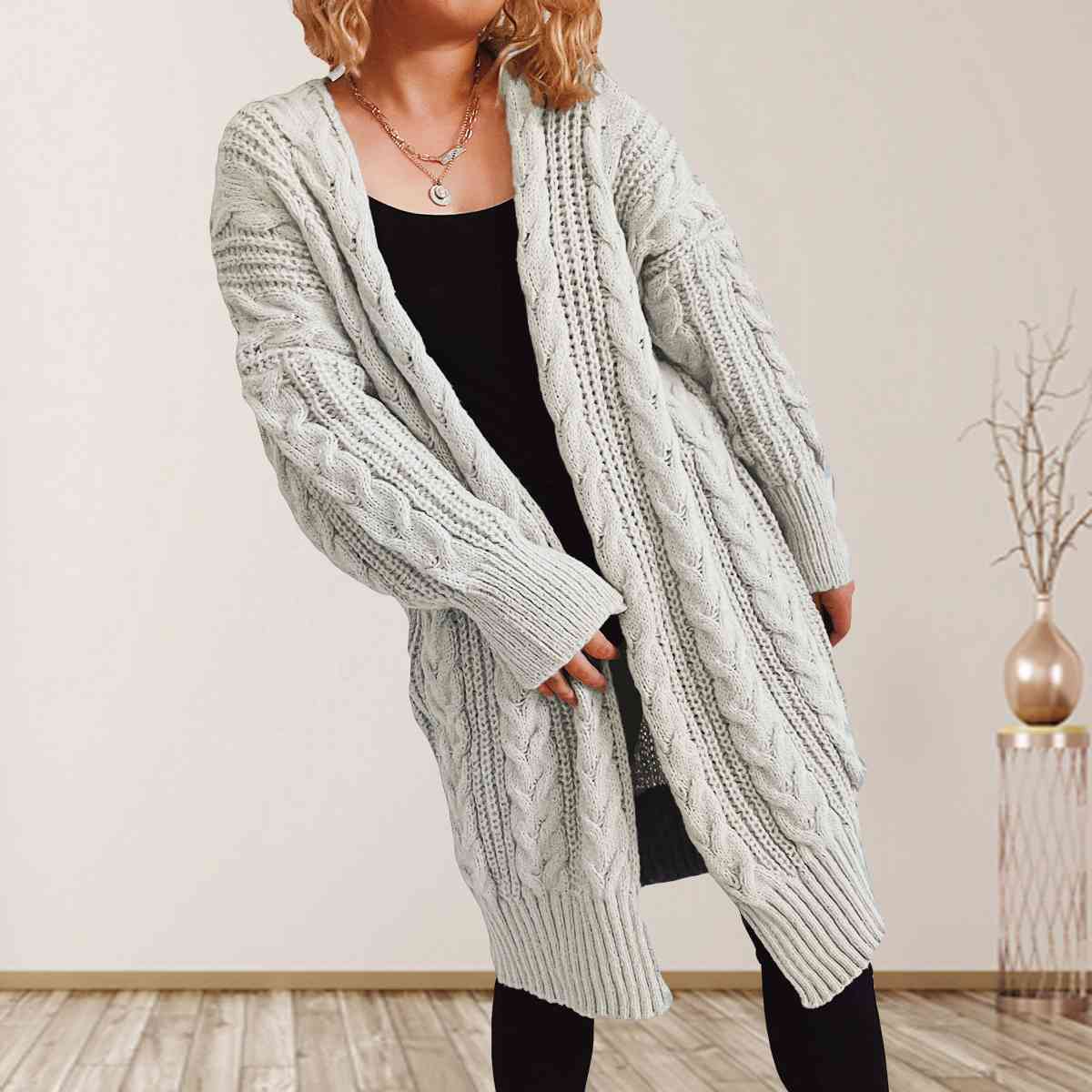 Cable-Knit Open Front Dropped Shoulder Cardigan - T - 6 COLORS -