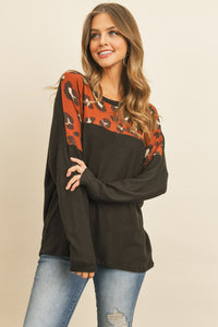 Thumbnail for Riah Fashion - Long Sleeve Leopard Contrast Hacci Brushed Top - 3 COLORS -