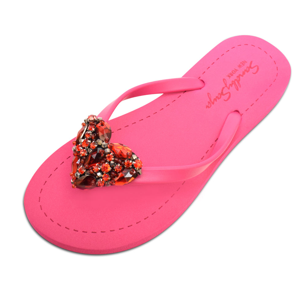 SAND BY SAYA N.Y. - Red Heart - Rhinestone Flat Flip Flops Sandal - 4 COLORS