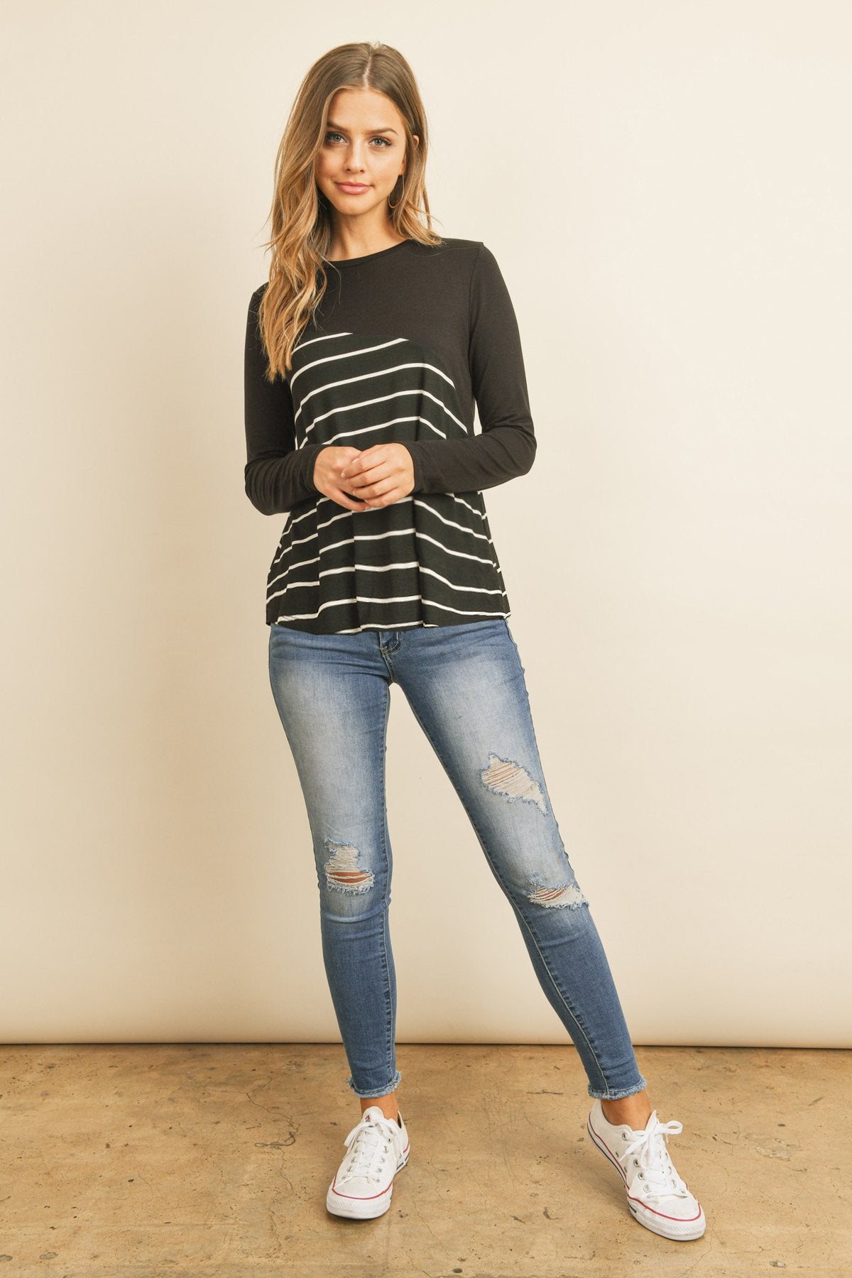 Riah Fashion - Solid Stripe Contrast Color Block Top - 4 COLORS -