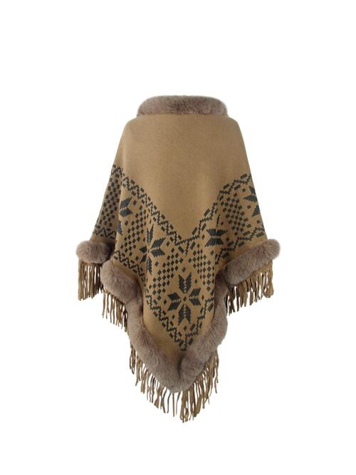 Fringe Geometric Cape Sleeve Poncho - 1 SIZE FIT - T - 6 COLORS -