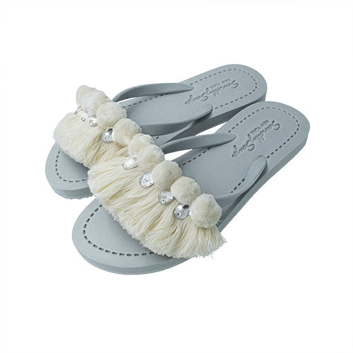 SAND BY SAYA N.Y. - White Pom Pom Fringe - Embellished Flat Flip Flops Sandal - 4 COLORS -