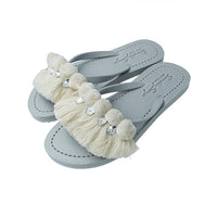 Thumbnail for SAND BY SAYA N.Y. - White Pom Pom Fringe - Embellished Flat Flip Flops Sandal - 4 COLORS -