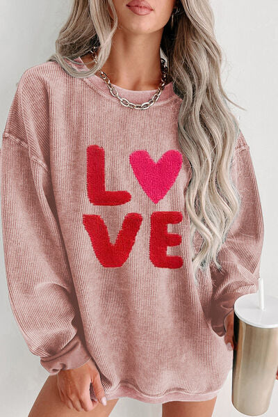 LOVE Round Neck Dropped Shoulder Sweatshirt - T - 1 COLOR -