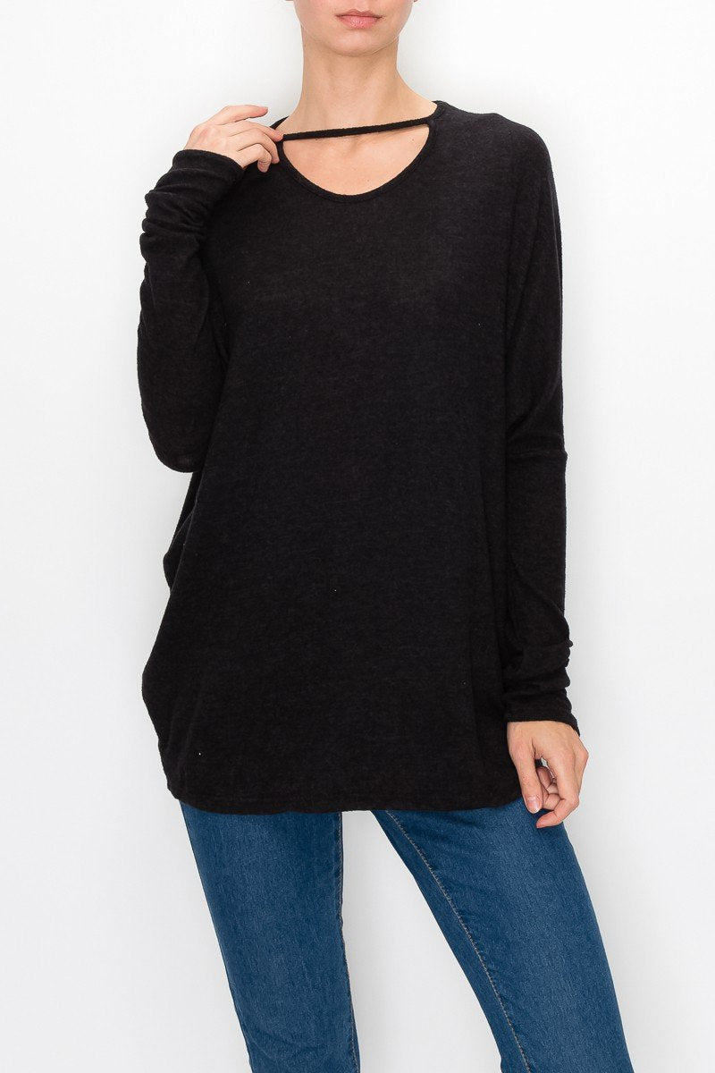 Stylespect - Cutout Front Long Sleeve Top - Black - 1 COLOR -