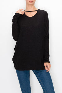 Thumbnail for Stylespect - Cutout Front Long Sleeve Top - Black - 1 COLOR -