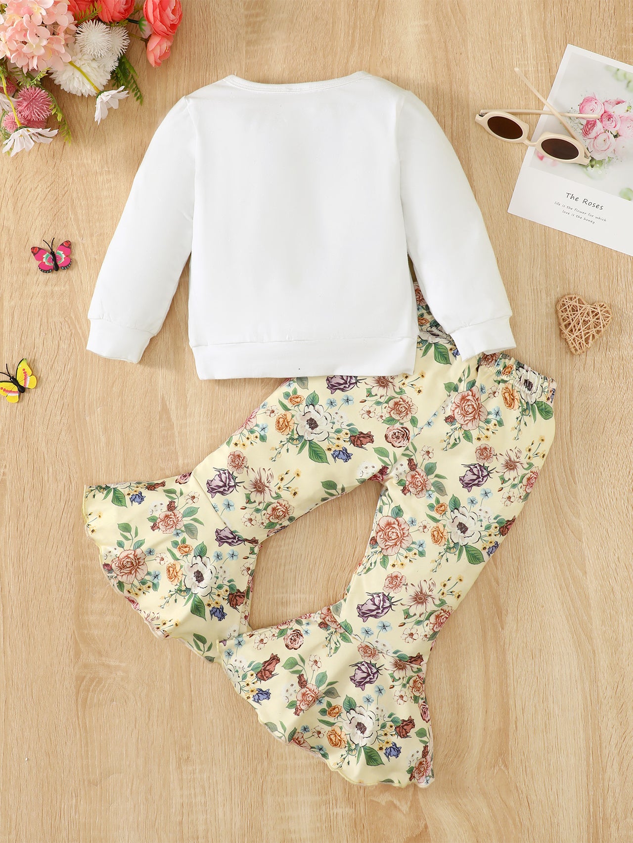 I Will FLY AWAY Butterfly Graphic Tee and Floral Print Flare Pants set - 2 PCS - T - 1 COLOR --