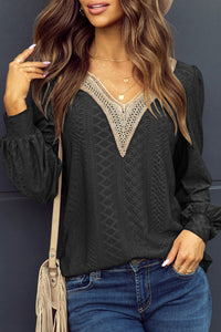 Thumbnail for Eyelet V-Neck Long Sleeve Blouse - T - 7 COLORS -