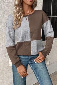 Thumbnail for Textured Color Block Round Neck Sweatshirt - T - 4 COLORS -