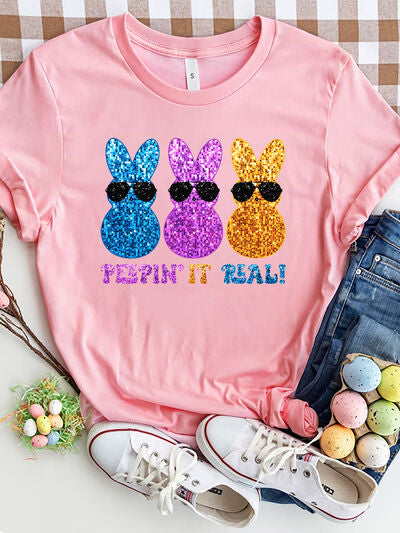 PEEPIN IT REAL Sequin Rabbit Round Neck Short Sleeve T-Shirt - T - 2 COLORS -