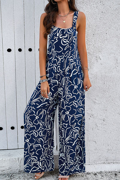 Printed Wide Strap Jumpsuit with Pockets - T - 4 COLORS -