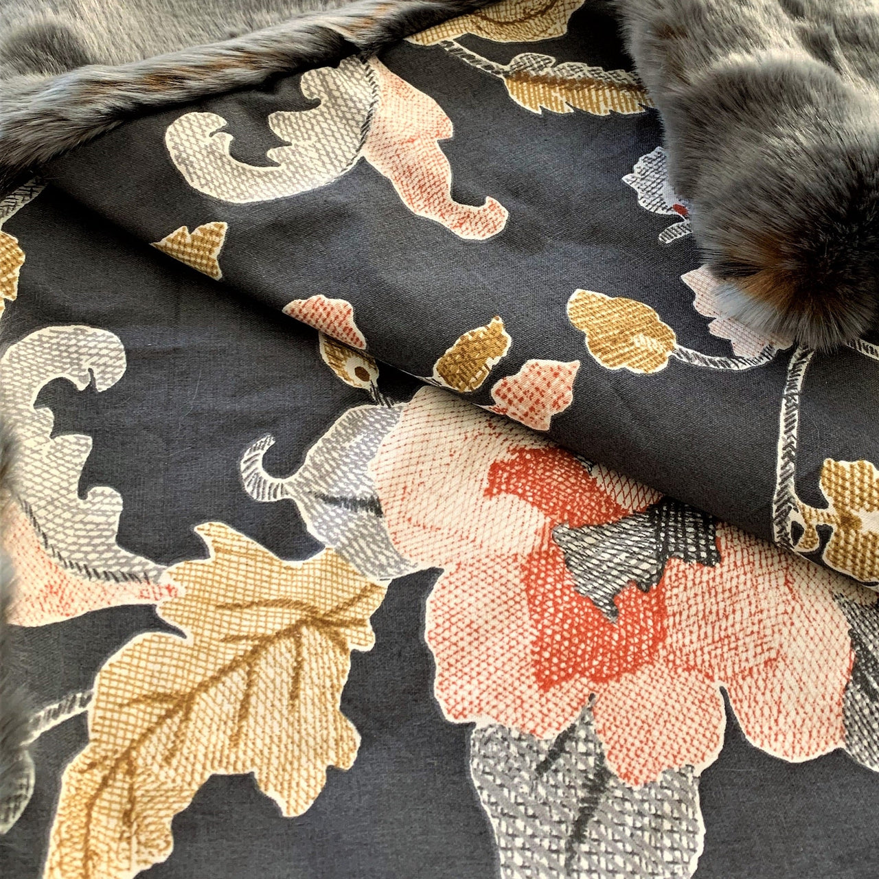 Two Tone Gray/Amber Handmade Luxury Throw With Floral Backing - 14 SIZES -