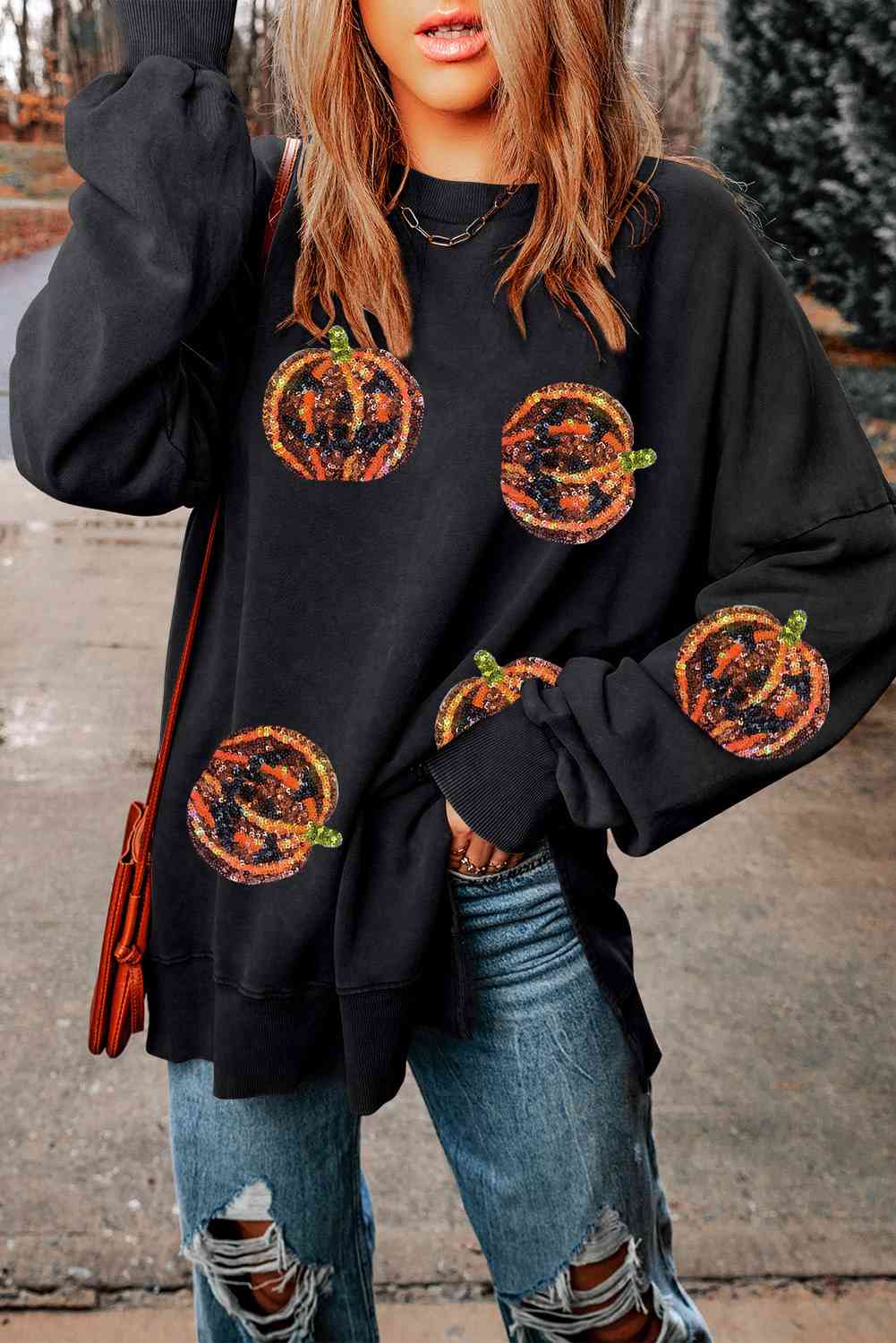 Pumpkin Print Dropped Shoulder Sweatshirt - T - 1 COLOR -