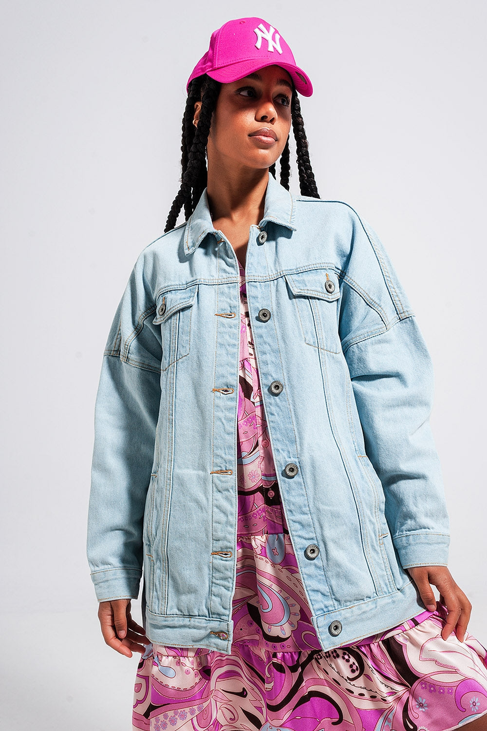 Q2 - Longline Denim Jacket With Belt in Light Blue Wash - 1 COLOR -