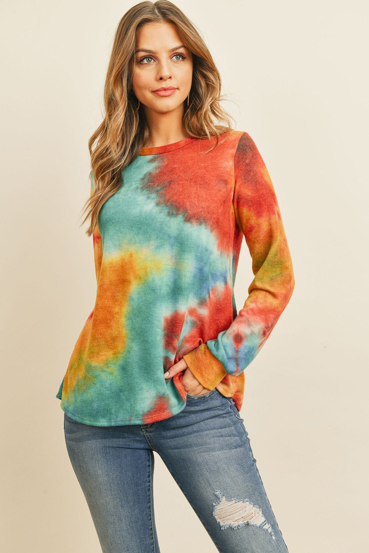 Riah Fashion - Long Sleeve Boat Neck Tie Dye Round Hem Top - 3 COLORS -