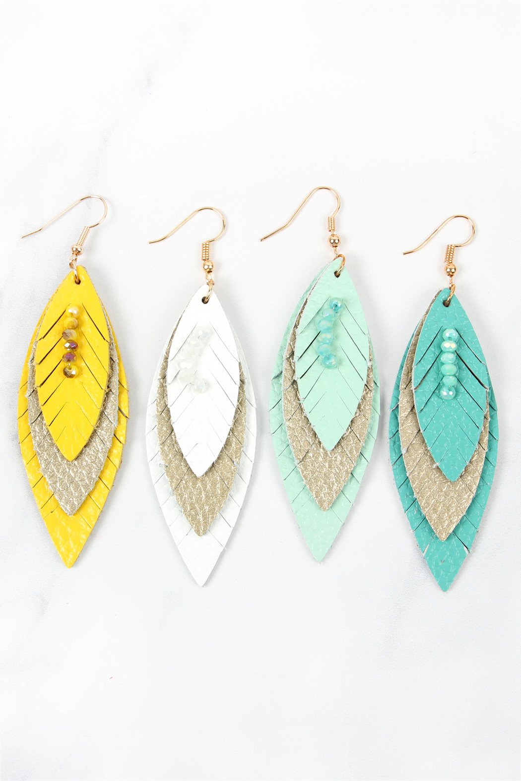 Three Layer Fringe Leather Marquise Earrings - 14 COLORS -