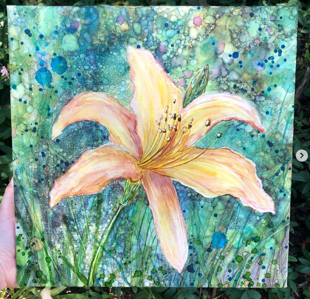 Original Daylily Mixed Media Painting 12" X 12" Canvas - 1 SIZE -