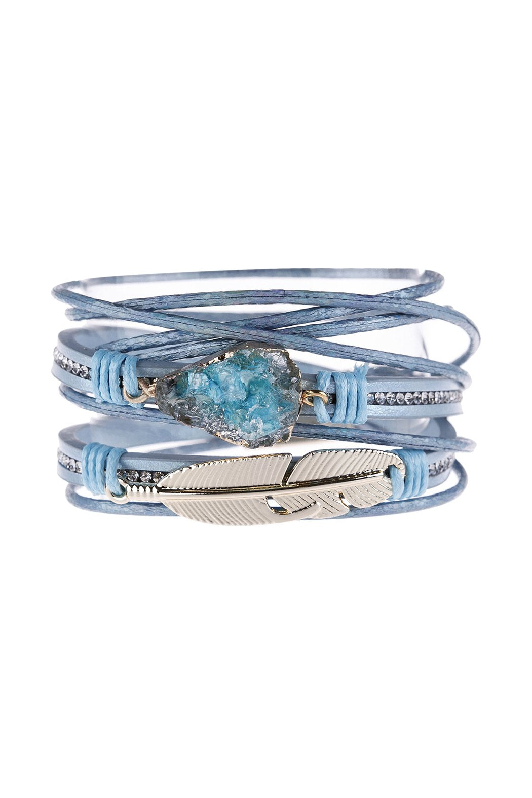 Riah Fashion - Feather Druzy Leather Wrap Magnetic Bracelet - 5 COLORS -