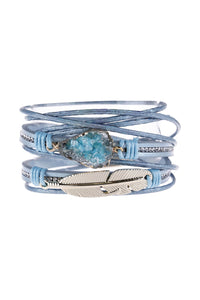 Thumbnail for Riah Fashion - Feather Druzy Leather Wrap Magnetic Bracelet - 5 COLORS -