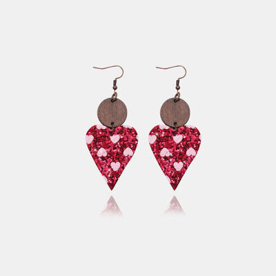 Faux Leather Iron Hook Sequin Heart Earrings - T - 1 COLOR -