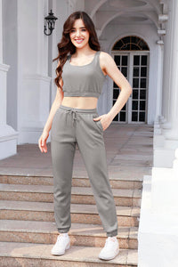 Thumbnail for Waffle-Knit Cropped Tank and Drawstring Pants Set - 2 PCS. - T - 4 COLORS -