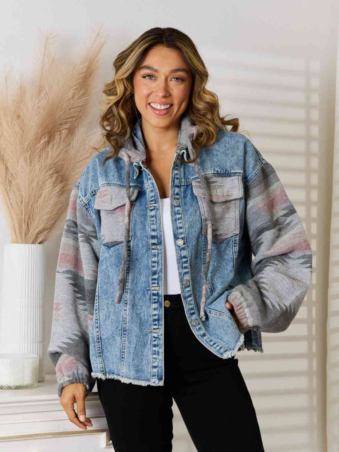 Geometric Raw Hem Denim Jacket - T - 1 COLOR -