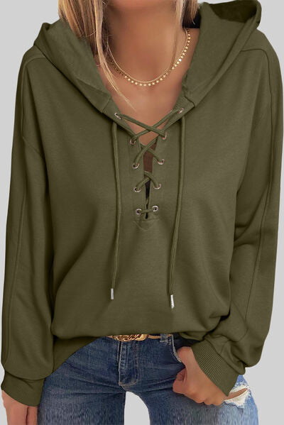 Lace-Up Dropped Shoulder Hoodie - T - 8 COLORS -