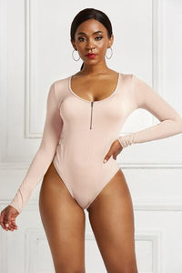 Thumbnail for Half Zip Scoop Neck Long Sleeve Bodysuit - T - 10 COLORS -