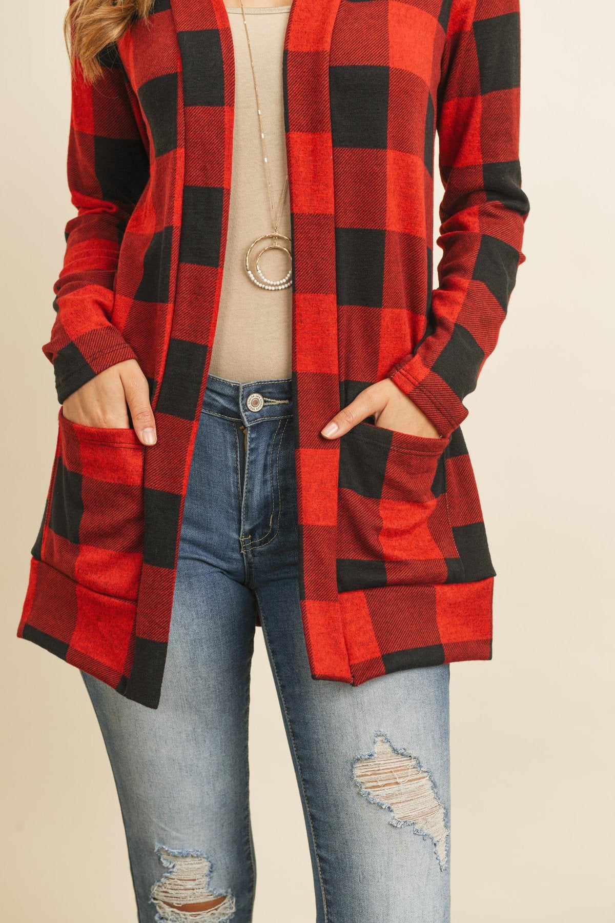 Riah Fashion - Plaid Long Sleeved Front Pocket Open Cardigan - 3 COLORS -